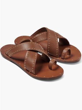 NEW beek Curlew Studded Crossover Strap Slide Sandal - Tan Gold Studs